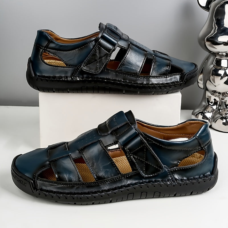 Men's Retro Brown Faux Leather Sandals - Adjustable Hook and Loop Fastener, Non-Slip Rubber Sole, Comfortable Open-Toe Slides for Outdoor Hiking, Trekking, Beach Wear | Spring/Summer/Autumn