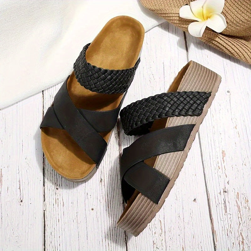 Women's Braided Cross Strap Platform Slides - Comfy Open Toe Sandals for Casual Summer Beach Outings, Breezy Outdoor Wear