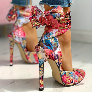 Women's Strappy Floral Print Satin Stiletto High Heels - Pointed Toe Lace Up D'Orsay Pumps with Ultrahigh Heel, Fabric Upper & Man Made Sole | Party & Dress Shoes | Fashion Stiletto Sandals