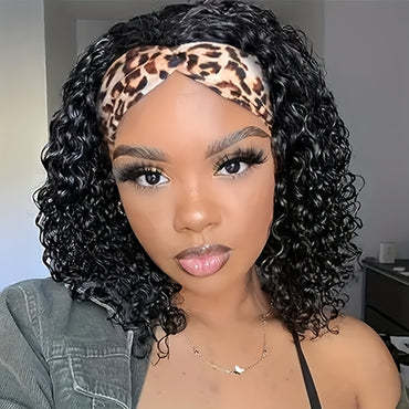 Headband Wigs 14 Inch Kinky Curly Headband Wigs For Women Synthetic Half Wig With Headband Attached No Lace Natural Black Curly Headband Wigs For Cosplay Party Daily Use