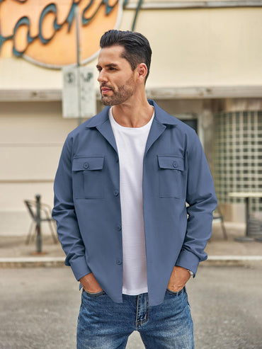 Men's Casual Shirt Jacket Linen Shacket Lightweight Work Coat Button Down Overshirt
