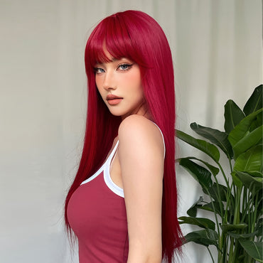 26 Inch Elegant Red Wig with Bangs for Women, Straight Heat Resistant Synthetic Hair, High Temperature Fiber, Rose Net Cap, Fashionable Long Wig