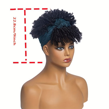Headband Wigs For Women, Synthetic Short Afro Kinky Curly Wigs Dark Brown Wig With Bangs Wrap Wigs 2 In 1 Turban Wig Drawstring High Puff Wigs Headwrap Wigs With Headband Attached Updo Music Festival