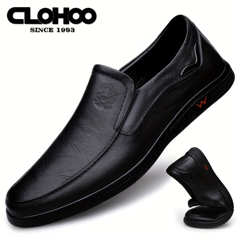 CLOHOO Men's Slip-On Casual Shoes - Genuine Leather Upper, Rubber Sole with PU Cushioned Insole, All-Season Comfort for Business & Vacation, Brown/Black, Casual Footwear | Classic Slipon | Rubber Sole Footwear