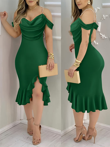 Shoulder Pearls Strap Bodycon Dress Cowl Neck Ruffle Hem Party Dresses