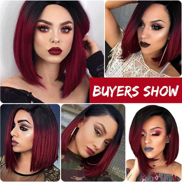 14-Inch Straight Synthetic Bob Wig with Ombre Effect - Black to Red, Heat-Resistant Fiber, Daily Cosplay & Party Style, High-Density Rose Net, Perfect for Women, Party Hair Accessory | Stylish Hairpiece | Heatresistant Fiber,