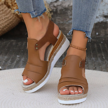 Women's Comfy Mid-Heel Wedge Sandals - Open-Toe, Buckle Ankle Strap, Chic Geometric Colorblock for Summer Elegance