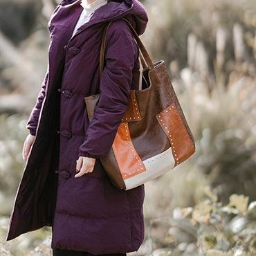 Vintage Patchwork Tote Bag, Retro Colorblock Shoulder Bag, Handbag