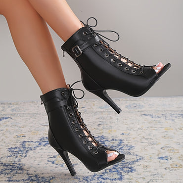 Women's Pointed Toe Lace-up High Heels, Sexy Black Buckle Belt Stiletto Heels Boots, Cross Strap Sandals