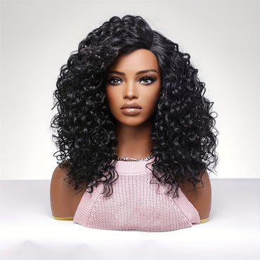 Heat Resistant Synthetic Wig with 130% Density and Long Afro Kinky Curly Wave Style - Matte Black with Bangs - Beginner Friendly