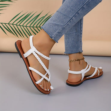 Flat Heel Womens Braided Thong Sandals - Comfortable Elastic Ankle Strap, Lightweight Faux Leather Upper, Rubber Sole, Pull-On Closure, Open Toe, Solid Color, Perfect for Summer Beach and Casual Occasions
