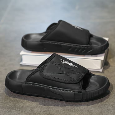 Men's Solid Color Open Toe Breathable Adjustable Hook & Loop Fastener Slippers, Comfy Non Slip Durable EVA Sole Slides, Men's Footwear