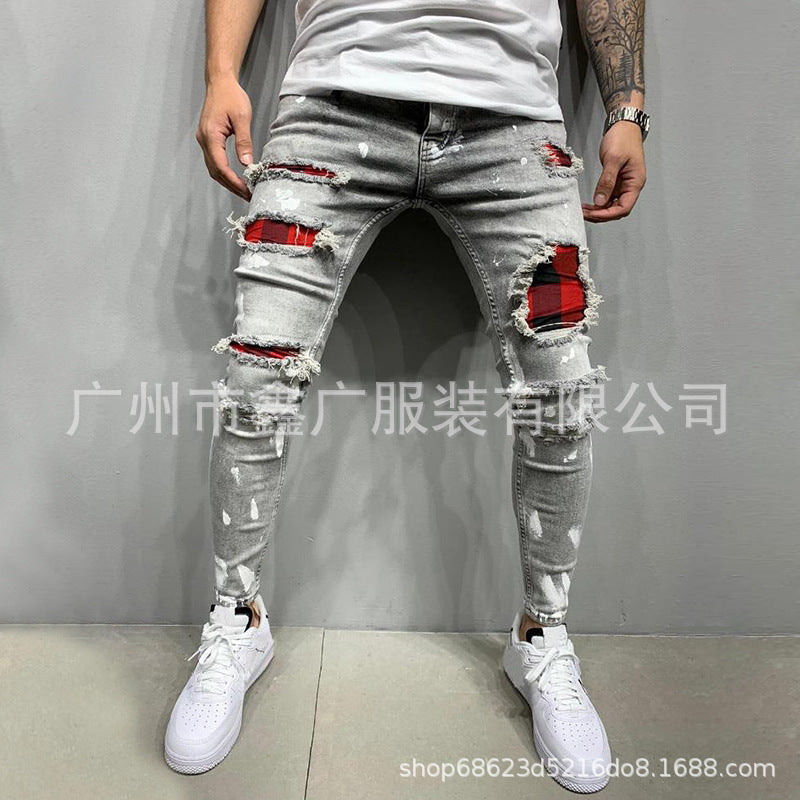 Cross-Border European and American Popular Men's Ripped Three-Color Jeans Amazon Patch Stretch Leg Jeans for Men J007