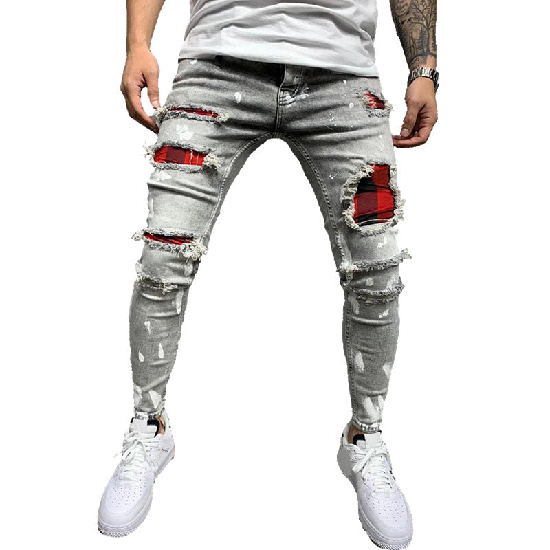 Cross-Border European and American Popular Men's Ripped Three-Color Jeans Amazon Patch Stretch Leg Jeans for Men J007