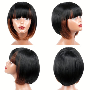 Short Bob Wigs With Bangs - 10 Inch Black Mix Brown Straight Hair Daily Costume Wig For Women, Soft Light Synthetic Hair Replacement Wigs Heat Resistant