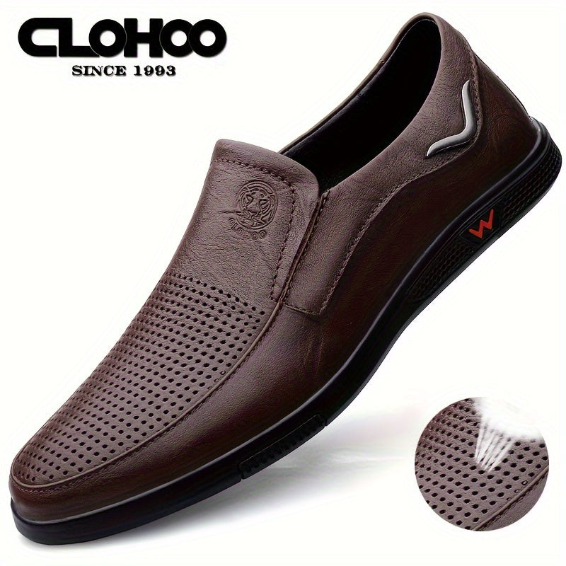CLOHOO Men's Slip-On Casual Shoes - Genuine Leather Upper, Rubber Sole with PU Cushioned Insole, All-Season Comfort for Business & Vacation, Brown/Black, Casual Footwear | Classic Slipon | Rubber Sole Footwear