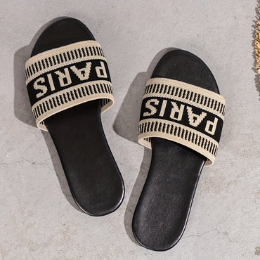 Womens Letter Print Slides - Ultra-Lightweight & Effortlessly Chic - Breathable Knitted Band Flats for Summer Casual Beach Wear - Quick-Dry, Stylish & Trendy