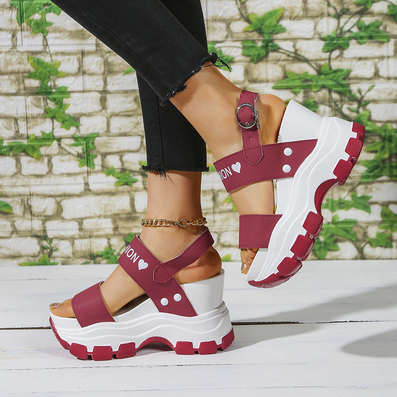 Casual Elegance Open-Toe Wedge Sandals, Solid Color with Strappy Back & Metal Buckle, Comfortable Platform Heel Fashion Footwear for Women