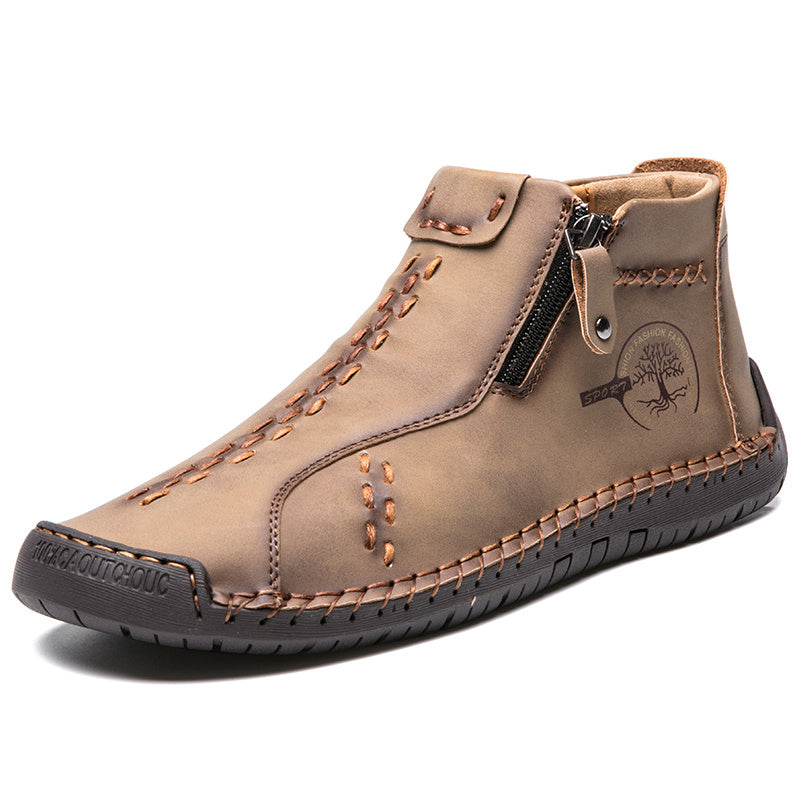Handmade Men's Ankle Boots, Classic Stitching Outdoor Casual Zipper Shoes