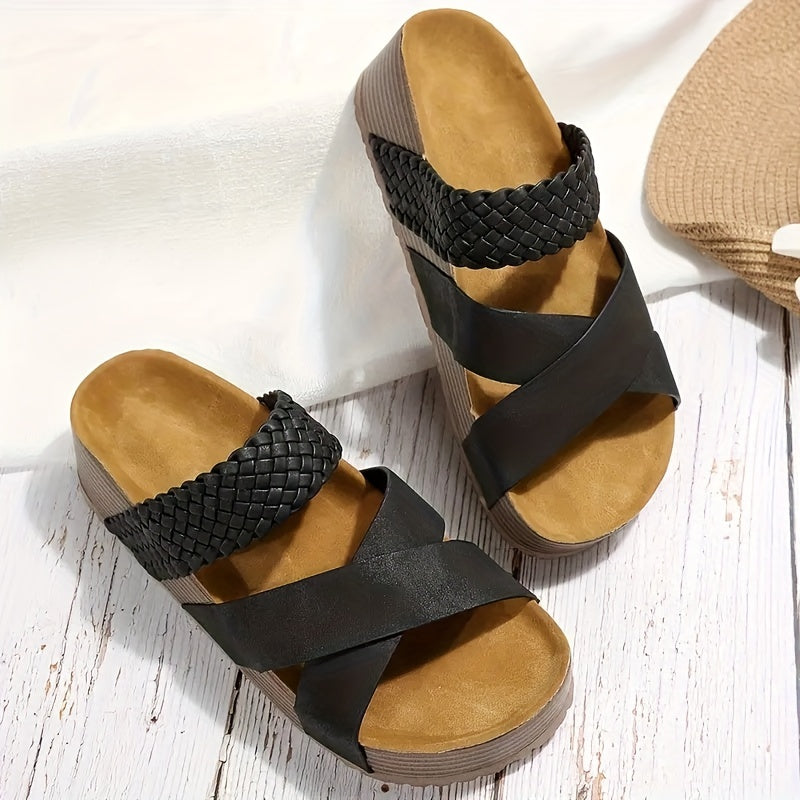 Women's Braided Cross Strap Platform Slides - Comfy Open Toe Sandals for Casual Summer Beach Outings, Breezy Outdoor Wear