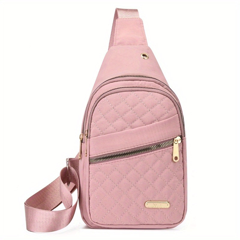 Large Capacity Chest Bag for Women - Adjustable Embroidered Crossbody Bag with Zipper Closure, Polyester Lining, Foldable, and Random Printing - Urban Solid Color Nylon Bag with Comfortable Strap