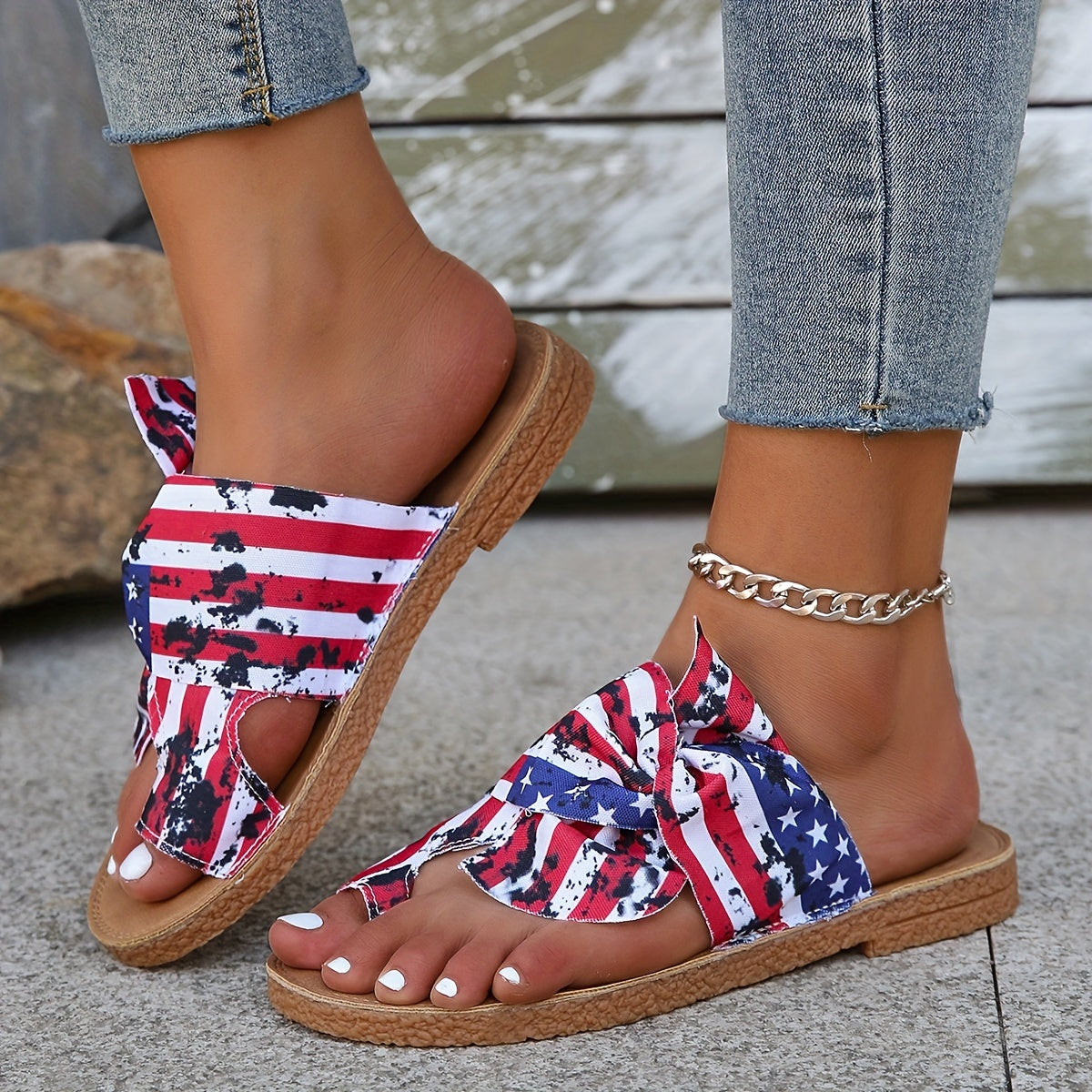 Women's Flag Pattern Slide Sandals, Bowknot Toe Loop Slip On Flat Shoes, Casual Sandals For The 4th Of July Summer Casual Shoes For Independence Day