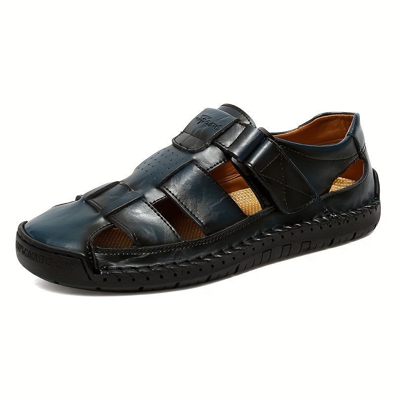 Men's Retro Brown Faux Leather Sandals - Adjustable Hook and Loop Fastener, Non-Slip Rubber Sole, Comfortable Open-Toe Slides for Outdoor Hiking, Trekking, Beach Wear | Spring/Summer/Autumn