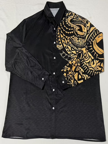 Men's Retro Style Pattern Print Long Sleeve Button Down Shirt, Men's Casual Shirt for All Seasons Wear, PLUS SIZE