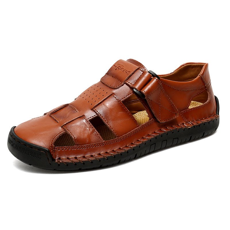 Men's Retro Brown Faux Leather Sandals - Adjustable Hook and Loop Fastener, Non-Slip Rubber Sole, Comfortable Open-Toe Slides for Outdoor Hiking, Trekking, Beach Wear | Spring/Summer/Autumn