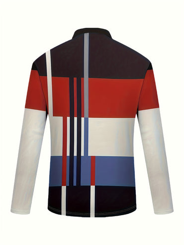 Autumn Men'S Casual Shirt, Color Blocked Design, Knit Fabric with Button Details, 100% Polyester, All-Season Wear, Regular Fit with Lapel Collar and Slight Stretch