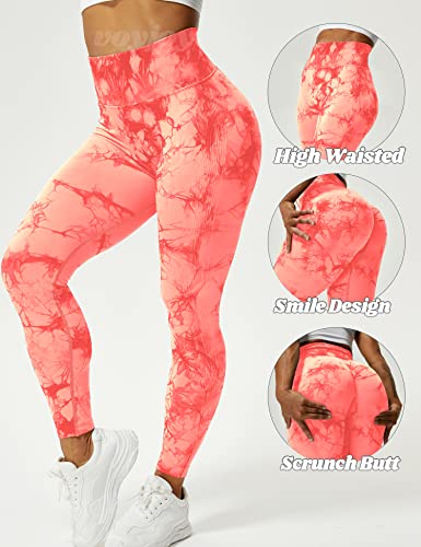 VOYJOY Tie Dye Seamless Leggings for Women High Waist Yoga Pants, Scrunch Butt Lifting Elastic Tights Orange Red