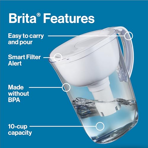 Brita Large Water Filter Pitcher, BPA-Free Water Pitcher, Replaces 1,800 Plastic Water Bottles a Year, Lasts Two Months or 40 Gallons, Includes 1 Filter, 10-Cup Capacity, Bright White