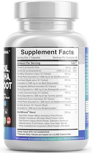 Sea Moss 3000mg Black Seed Oil 2000mg Ashwagandha 1000mg Turmeric 1000mg Bladderwrack 1000mg Burdock & Vitamin C Vitamin D3 with Elderberry Manuka Dandelion Yellow Dock Iodine Chlorophyll ACV - 5 Pack