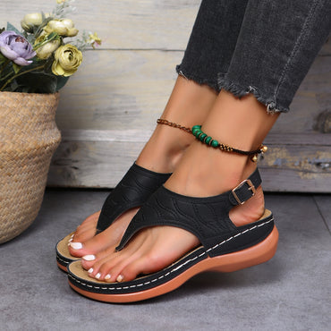 Womens Retro Charm Wedge Sandals - Comfort Thong, Adjustable Buckle, Open Toe Slingback - Casual Solid Color Style