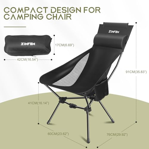 ZIMFEM Camping Chairs, Portable Camping Chair with Headrest and Storage Bag, Lightweight Foldable Chair for Outside Camping, Hiking, Travel, Beach and Sports