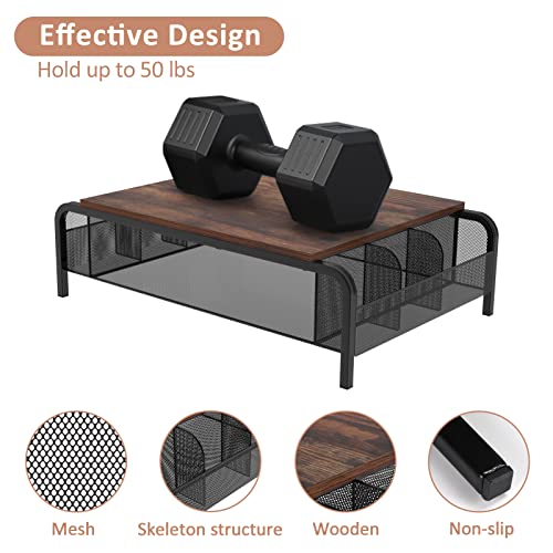 Trwcrt Metal Desk Monitor Stand Riser with Organizer Drawer, Rustic Monitor Riser for Computer, Small Printer, Laptop, Black and Brown