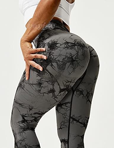 VOYJOY Tie Dye Seamless Leggings for Women High Waist Yoga Pants, Scrunch Butt Lifting Elastic Tights Black Gray