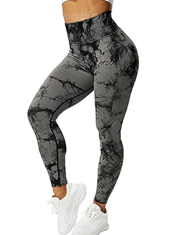 VOYJOY Tie Dye Seamless Leggings for Women High Waist Yoga Pants, Scrunch Butt Lifting Elastic Tights Black Gray