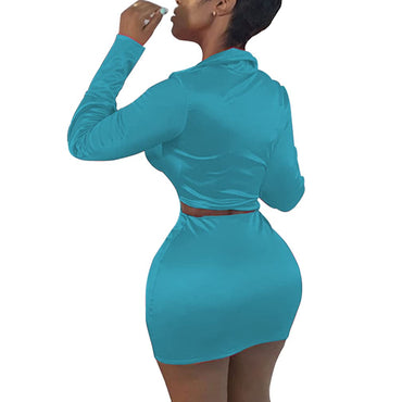 LuFeng Womens Satin Sexy Self Tie Front Long Sleeve 2 Piece Outfits Crop Top and Mini Bodycon Skirt Set (S, Peacock blue)