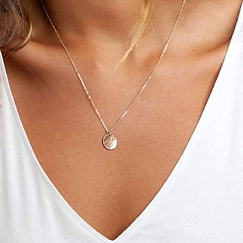 Dainty Layering Pearls Necklace Bar Necklace Hammered Disc Pendant Necklace Simple Layering Necklace Gold Plated Choker for Women