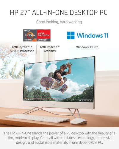 HP 27” All-in-One Desktop PC, AMD Ryzen 7 5700U, 12 GB RAM, 256 GB SSD & 1 TB Hard Drive, Full HD IPS Display, Windows 11 Pro, 720p Privacy Webcam, Dual Mics, Keyboard and Mouse (27-CB0052, 2022)