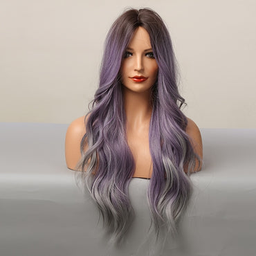 Luminous Butterfly Cut Ombre Purple Wig - Womens Long, Natural Wavy Synthetic Hair with Heat Resistant Fiber, Dark Brown Roots, and Flattering 26 Inch Middle Part