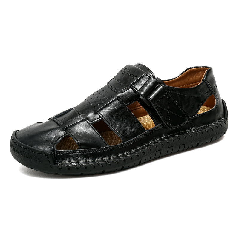 Men's Retro Brown Faux Leather Sandals - Adjustable Hook and Loop Fastener, Non-Slip Rubber Sole, Comfortable Open-Toe Slides for Outdoor Hiking, Trekking, Beach Wear | Spring/Summer/Autumn