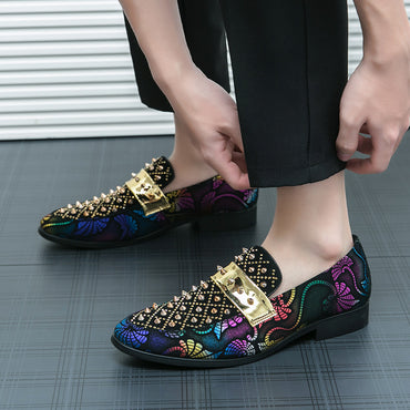 Stylish Multicolor Men's Loafers with Golden Studs - PU Upper, Rubber Sole, Low-Top Design - Perfect for Formal Events, Parties, and Weddings, Wedding Shoes | Elegant Men's Footwear | Decorative Golden Studs
