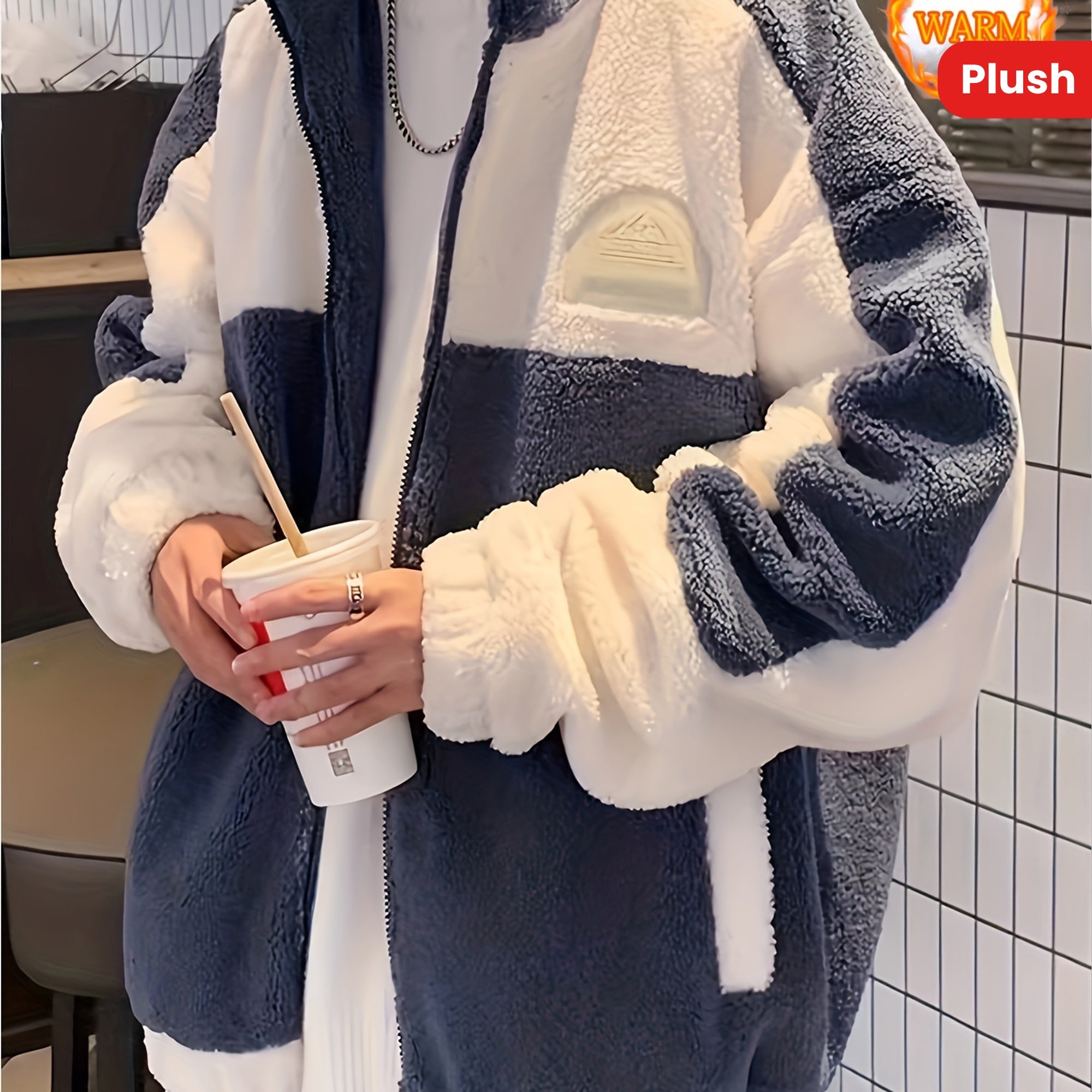 Warm Plush Fleece Jacket, Men's Casual Color Block Stand Collar Jacket Coat For Fall Winter