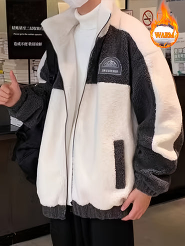 Warm Plush Fleece Jacket, Men's Casual Color Block Stand Collar Jacket Coat For Fall Winter
