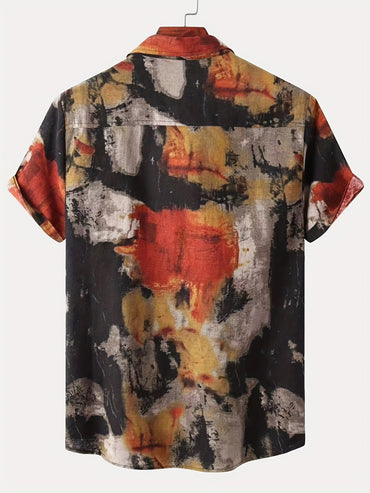 Mens Geometric Pattern Retro Oil Painting Style Short Sleeve Lapel Shirt - Comfy Casual Button Down Shirt for Summer Holiday - Cotton Blend, Non-Stretch, Regular Fit, All-Season Wear