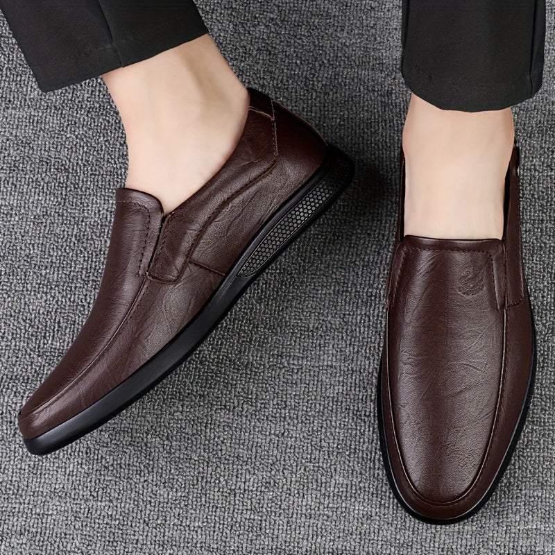 CLOHOO Men's Slip-On Casual Shoes - Genuine Leather Upper, Rubber Sole with PU Cushioned Insole, All-Season Comfort for Business & Vacation, Brown/Black, Casual Footwear | Classic Slipon | Rubber Sole Footwear