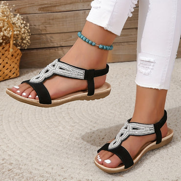 Women's Rhinestone Decor Flat Sandals, Casual Slip On Elastic Band Shoes, Lightweight Summer Sandals