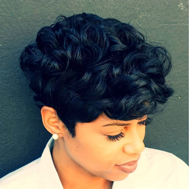 Flattering Pixie Cut Wig - Chic Bangs & Luxurious Curly Texture - Daring Black-Silver Blend Short Synthetic Wig with Dramatic Deep Wave - Effortlessly Layered Style for Women